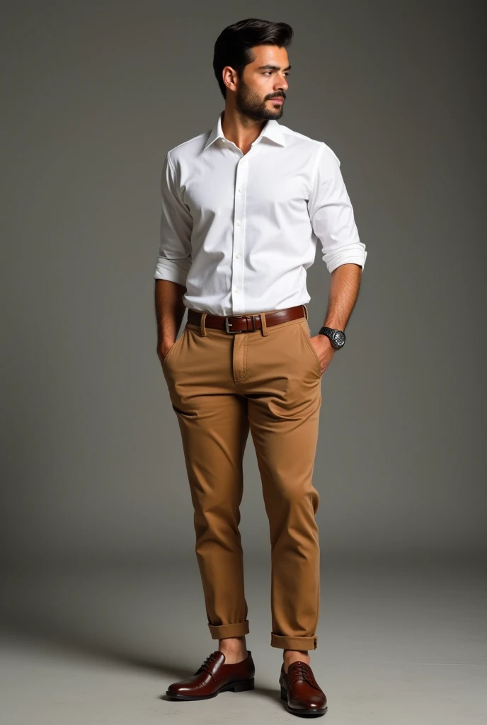  30-year-old Paraguayan man in brown leather ,  measure 165cm and weigh 90 kilograms ,  wear a white shirt ,  with sleeves folded up to the elbow ,  wears elegant camel sports pants and a belt of the same color, brown ,  sport shoes with an elegant and com...