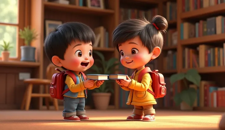 A Pixar cartoon in which a  and his sister put books in their satchels