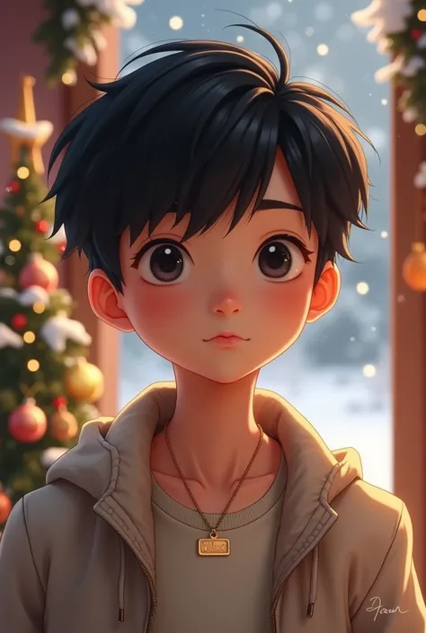 Korean Boy with necklace name tag Yuno in christmas