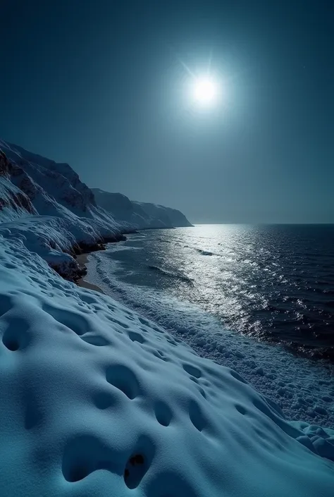 Imagine a coastal area blanketed in snow under the stillness of midnight, bathed in the silvery glow of a full moon. The ocean, dark and vast, reflects the moons light in shimmering streaks across the waves, which gently lap against the snow-covered shore....