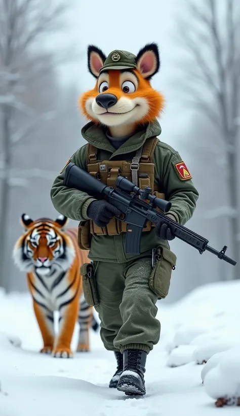 Create A Oggy Cartoon Character Soldier Walking On Snow Wearing France Army Uniform Holding A Sniper Gun In Hand, Realistic Oggy Head Soldier Walking Straight, A Giant Tiger Walking Behind Him, Add Every Detail , Realistic Oggy Head Soldier , Holding Snipe...