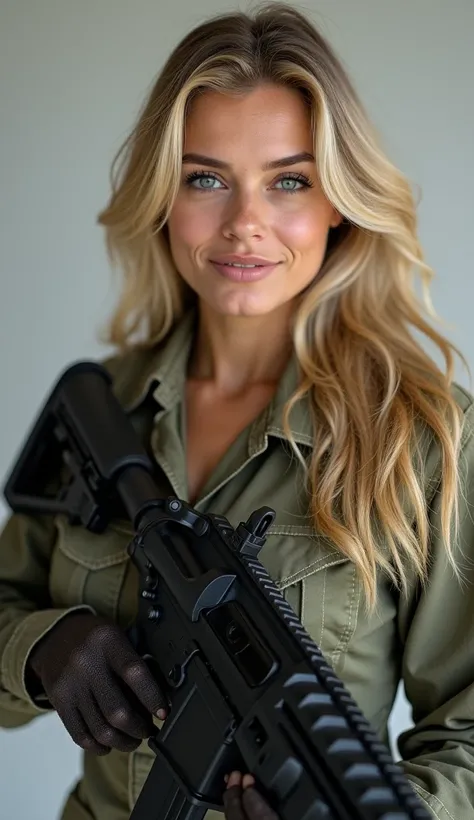 A confident blonde woman in a military uniform, holding a modern black rifle across her chest. She has a calm, determined expression with a slight smile, bright eyes, and naturally flowing wavy blonde hair.