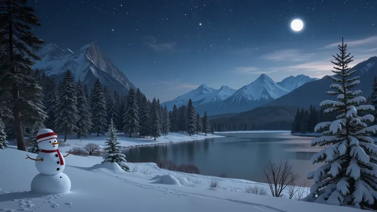 anime ,  quiet winter night scenery 。 A calm, frozen lake spreads out in the surrounding area 、 trees covered with snow 々are lined up。Under a dark starry sky 、 majestic mountains in the distance 々 that creates a quiet and fantastic atmosphere {x} is softly...