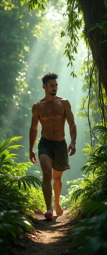 man with short hair walking naked in rainforest