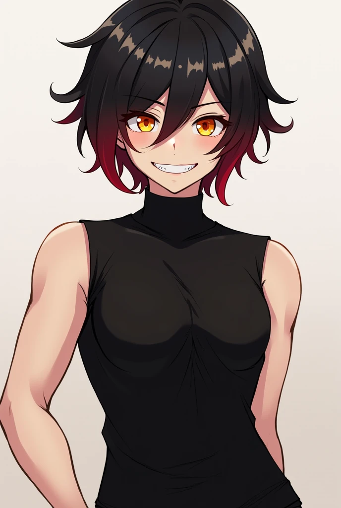 anime, man, Masculine son-in-son, 19 years old,  black hair with red locks,  rhombus pupils , orange iris ,  tight clothing,  black clothes , simple clothes, smile,  sharp canines , arrogant expression,  full body, sleeveless, dissolute, strong