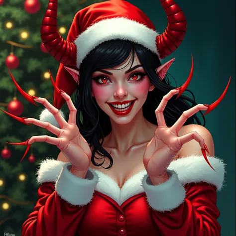 American Comics。 color。サンタクロースのコスミュームを着た美しい女性悪魔。 looking at camera。Bewitching Smile。A beautiful female devil wearing a Santa Claus cosmum showing off her extremely long and pointed nails 。 christmas tree