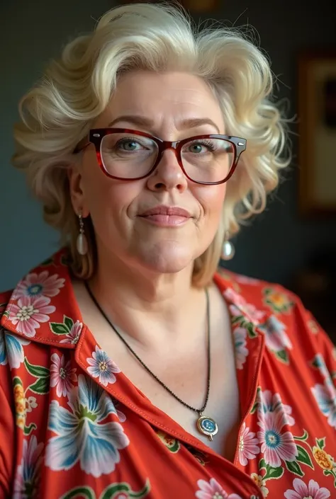 An extremely fat, obese, overweight middle-aged housewife, aged 50 years old. Blonde bouffant hair. thick glasses. Soft double chin. Plump cheeks. Heavy makeup including red lipstick. Colorful clothing. Silk blouse. Very feminine. very Fat and plump. Extre...