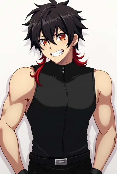 anime, man, genero masculine, 19 years old,  black hair with red locks,  rhombus pupils , orange iris ,  tight clothing,  black clothes , simple clothes, smile,  sharp canines , arrogant expression,  full body, sleeveless, dissolute, strong, man, masculine