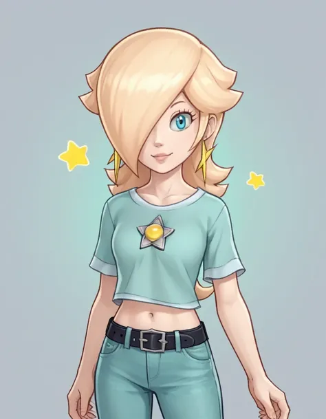 score_9, score_8_up, score_7_up, source_anime, rosalina, blonde hair, blue eyes, hair over one eye, long hair, star earrings, solo, cowboy shot, black t-shirt, taut clothes, midriff, navel, jeans, black belt, smile