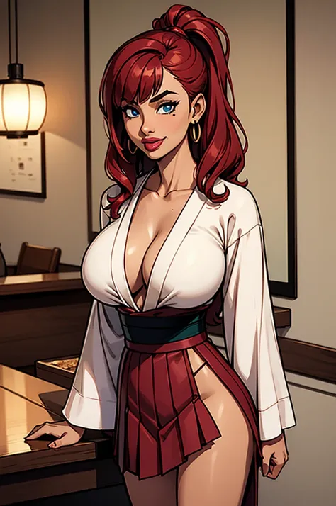 1girl, modern fantasy, small sultry japanese woman with tanned skin, tan skin, 18 years old, short height, (breast implants), (huge round fake tits), showing off her cleavage, wavy (crimson hairs) with side bang, very long hair ponytail, (white kimono top)...