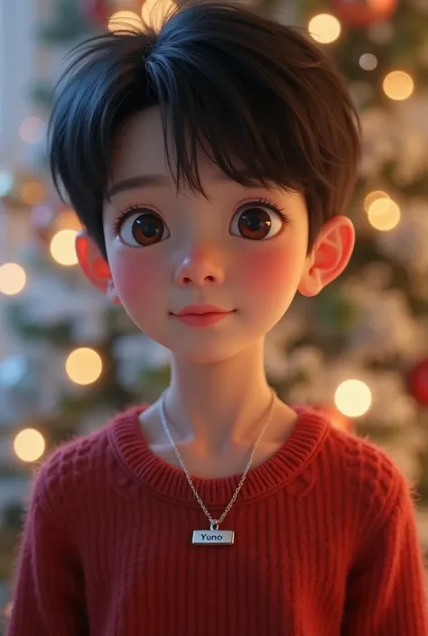 Korean Boy with necklace name tag YUNO in christmas