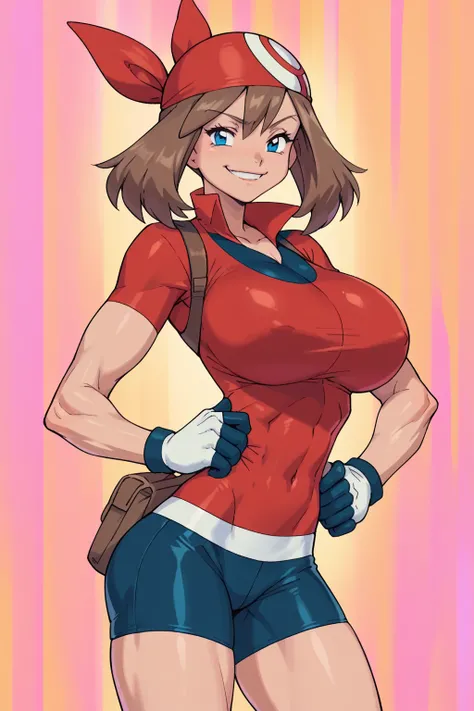 score_9, score_8_up, score_7_up, score_6_up, BREAK, pokemonmay, solo, blue eyes, brown hair, short hair, red bandana, red shirt, short sleeves, gloves, black shorts, torso, smug smile, gigantic bust, toned, strong, bimbo body, 