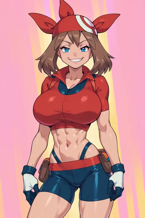 score_9, score_8_up, score_7_up, score_6_up, BREAK, pokemonmay, solo, blue eyes, brown hair, short hair, red bandana, red shirt, short sleeves, gloves, black shorts, torso, smug smile, gigantic bust, toned, strong, bimbo body, 