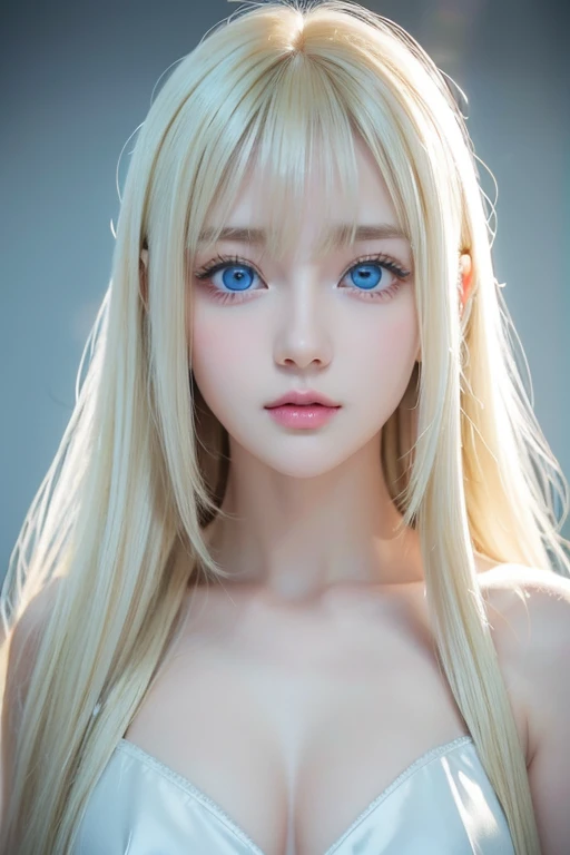  one very white girl 、 very cute appearance 、 high definition 、 very bright white shiny skin 、 very beautiful long bright blonde 、bangs、Very bright blonde、Eye Spacing Bangs 、 super long straight silky hair 、Very long blonde hair、 hair covering one eye 、 sh...