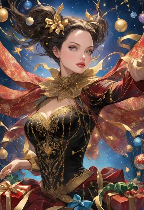 Fantasy illustration capturing a galaxya Christmas, art inspired Angelina jolie+ Batgirl  Esao Andrews, dynamic up-close view, black gold Claus with perfect facial features in double exposure style, joyfully in stars luas throwing confetti and presents, bi...