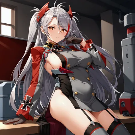 prinz_eugen, orange eyes, grey hair, long hair, streaked hair, bangs, two side up, antenna hair, headgear, mole, mole on breast, grey dress, short dress, long sleeves, sideboob, pelvic curtain, iron cross, black gloves, garter straps, black thighhighs, sta...