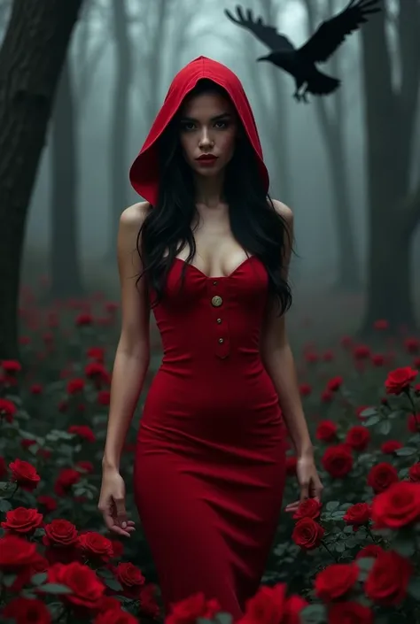  A very beautiful young woman of 19 years old , dark hair ,  very similar to young Megan Fox ,  dressed in a very tight red dress with a red hood like Little Riding Hood. dark night background, surrounded by red roses and crows with a dark forest in the ba...