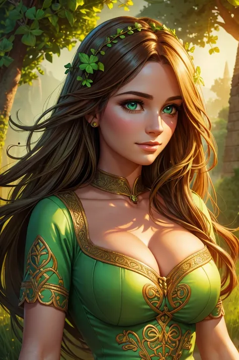 a beautiful woman with long flowing hair, green eyes, and a radiant smile, green clover leaves floating around her, intricate celtic knot patterns, lush green meadow background, shimmering sunlight, (best quality,4k,8k,highres,masterpiece:1.2),ultra-detail...