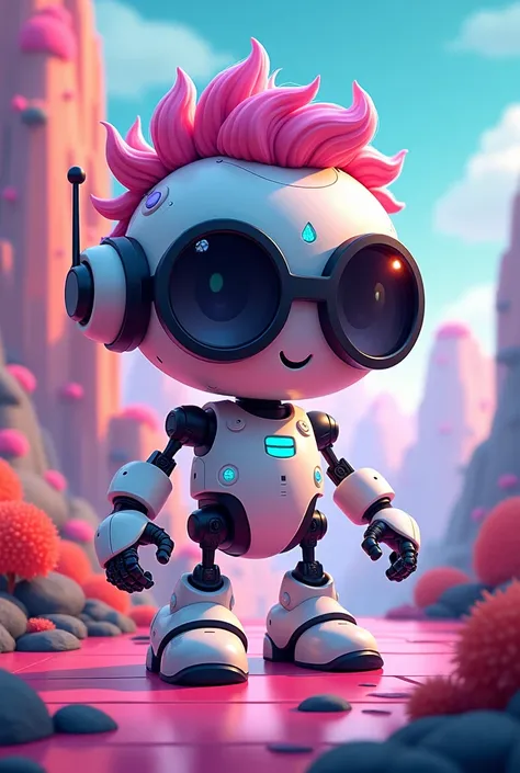  Cute pink-haired robot with dark glasses with short hair, cartoon with game background  