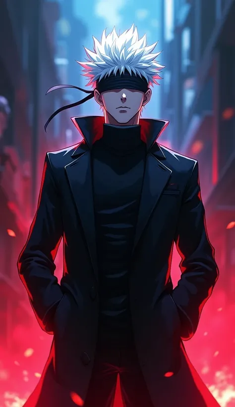 epic composition, flashing in the background, Red and blue color, (tmasterpiece,  Best-quality: 1.2), male focus, 1boy, Gojo Satoru, hands in pocket, blindfold, black jacket, (Masterpiece:1.3),(Best Quality:1.2),8k,absurdress,Unity 8k WallPapper,(Extremely...