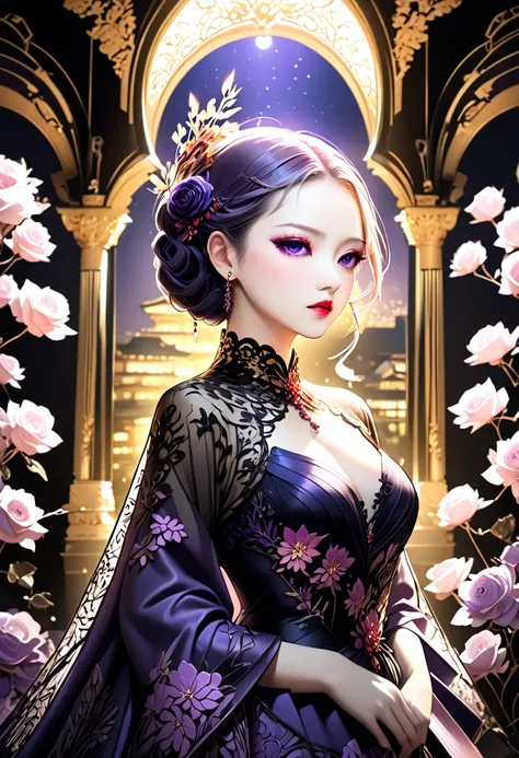 Wavy,  Shiny Purple Hair 。Waist-length updo。Floral decoration。Slightly slanted crimson eyes。Beautiful and piercing々 Her beautiful appearance is、Large flowers make a strong impression.。Perfectly balanced proportions。Beautiful lace covers the décolletage。Nap...