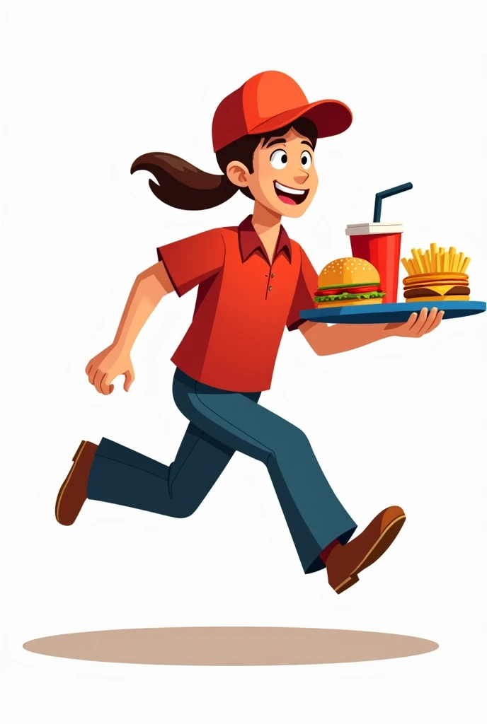 Create an image in the form of a ,  sticker where you find a delivery man running with a tray in his hand 
 With hamburger potatoes and soda