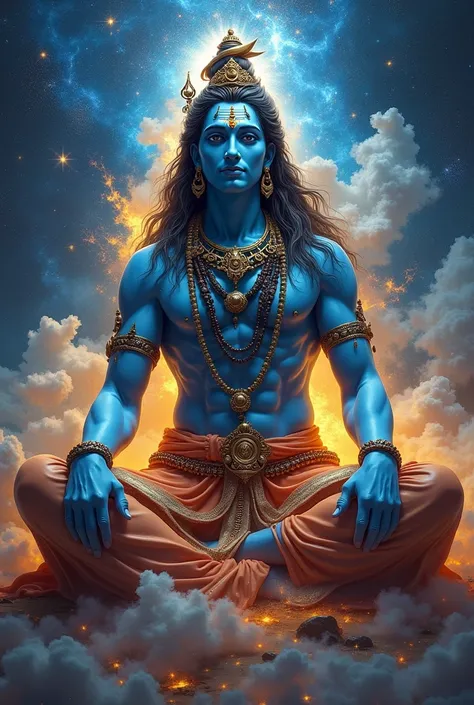 A majestic, divine figure of Lord Shiva in his full splendor, sitting in a cosmic environment, with stars, galaxies, and swirling energies around him. His form is a blend of destruction and creation, symbolizing the cycle of life.
