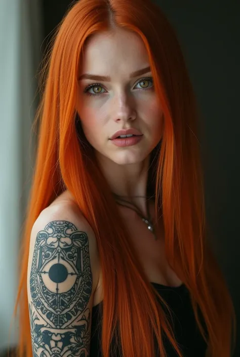 Ginger woman, with straight and really long hair. She Has gold eyes but one eye is blind. Make her badass or sexy, she has simetric tattoos on sigilism style on her arms. Her skin is pale, her eyebrows are pretty with small scar on one eyebrow.