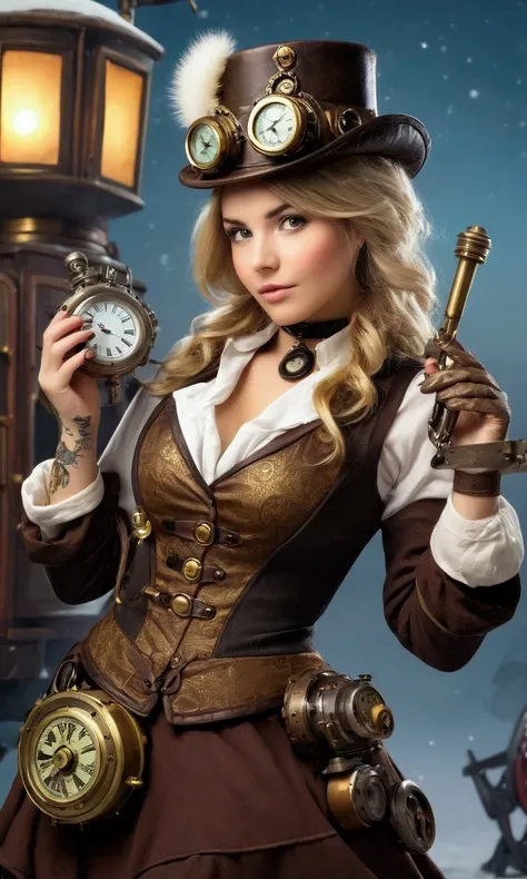 A cute woman (cute, age 22, role of a steam punk explorer, sexy costume, many gadgets and clockwork doohickeys) she is riding on her clockwork steam driven Christmas tortoise, winter wonderland
