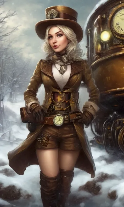 A cute woman (cute, age 22, role of a steam punk explorer, sexy costume, many gadgets and clockwork doohickeys) she is riding on her clockwork steam driven Christmas tortoise, winter wonderland
