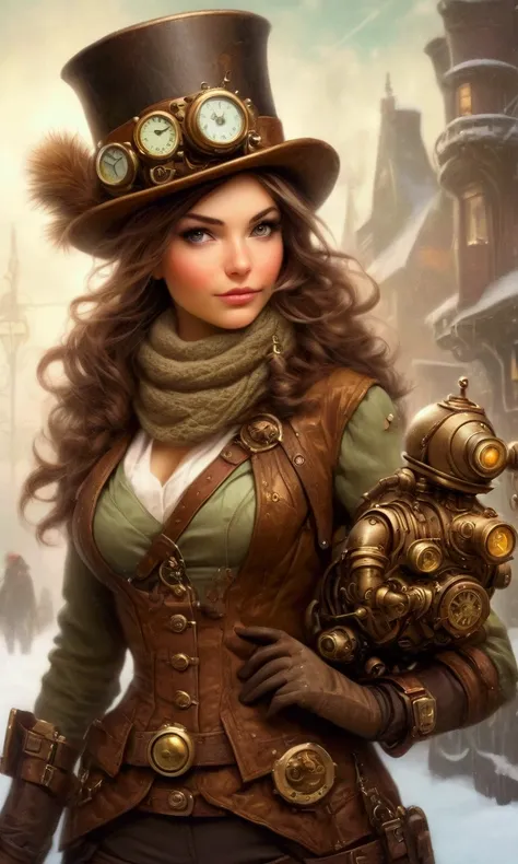 A cute woman (cute, age 22, role of a steam punk explorer, sexy costume, many gadgets and clockwork doohickeys) she is riding on her clockwork steam driven Christmas tortoise, winter wonderland
