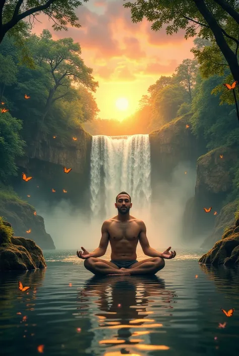 Photo ultra relaxante avec nature , arbre , cascade , coucher de soleil , oiseaux , papillons et un homme faisant du yoga