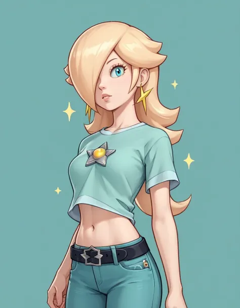 score_9, score_8_up, score_7_up, source_anime, rosalina, blonde hair, blue eyes, hair over one eye, long hair, star earrings, solo, cowboy shot, black t-shirt, taut clothes, midriff, navel, jeans, black belt