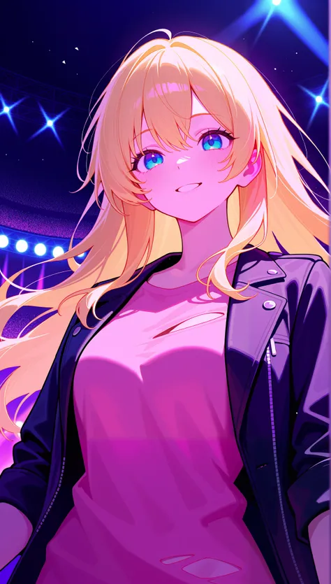 masterpiece, best quality, 1 girl, upper body, blonde, detailed eyes, pink shirt, black jacket, Torn clothes, concert, (stage), beautiful smile, rock