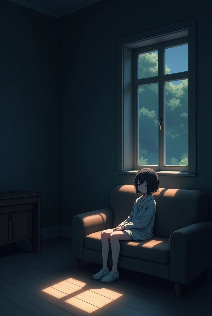 A lonely anime character sitting on a comfortable sofa, surrounded by a dark and empty room, with only a small window casting light into the space, evoking a sense of stagnation and melancholy. gihbli anime style, hand draw 