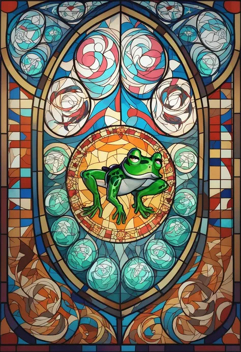 a close up of a  stained glass  window with a Frog on it,  stained glass  style,  stained glass  art,  stained glass !!, Frog themed,  stained glass ,  stained glass , psychedelic Frog,  inspired by Pascal Blanchet ,  stained glass  tarot style, green  sta...