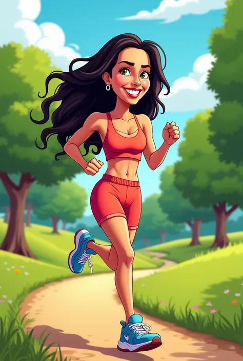  Illustration comic cartoon style of Ivete Sangalo ,  on a farm , jogging.  The cartoon must maintain its most characteristic features ,  like her wide smile  , long dark hair,  and her energetic and cheerful attitude .  She wears modern and colorful sport...