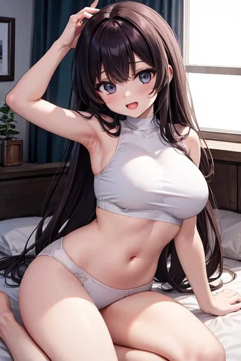 1 girl, anime screencap,score_anime, best quality, masterpiece, 8K, high res, cute, shiny skin, bralette, (navel:1.2), midriff, bare stomach, panties, huge breasts, long hair, black eyes, hand on hair, smile, open mouth, bedroom,