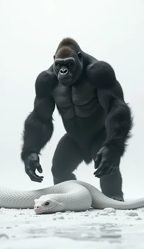 Ek khofnaak real black gorilla ne white anaconda ko maar kar us ke uper apna pau rakh kar khara hua nazar araha he or puri jagah white ho rahi he or background bhi white ho raha he 