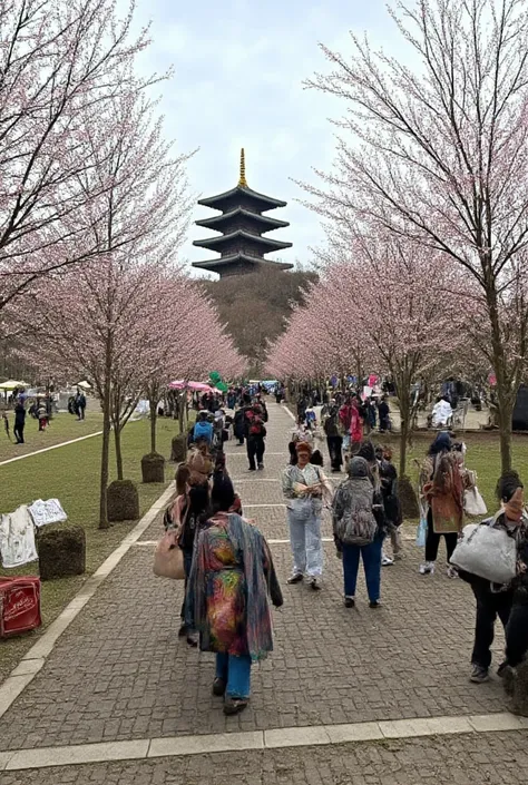 A beatiful indonesian woman, wearing traditional korean hanbok, walking at the garden street with cherry blossom tree flowers and joseon era pagoda temple as background detail. look at the viewer, natural light, realistic photography, wide angle shot.