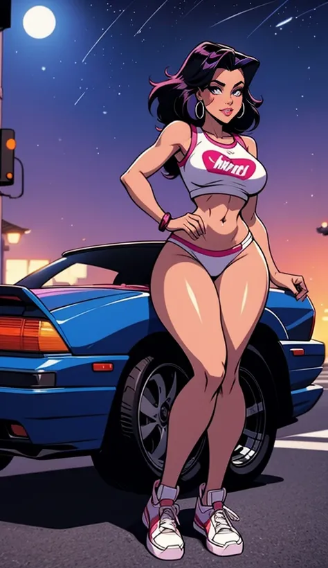 full body,80s Toyko LoFi aesthetics,lofi anime,age 25,Japan city,night,most insanely gorgeous Mexican female bombshell with a perfect hourglass figure body,extra wide hips,perfectly large breasts,perfect abs, perfect stomach,crop-top,mini short-shorts,low-...