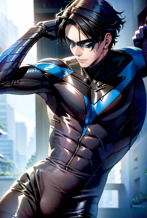 Nightwing Suit, Cute young man, Sexy Body, Tall, Shiny black hair, upright, 