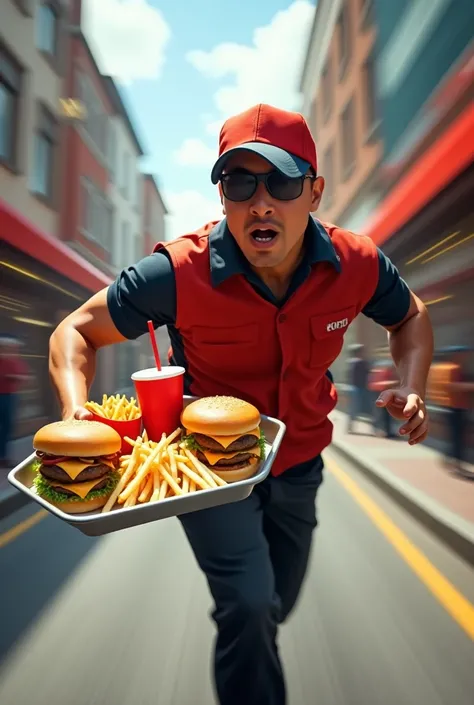 Create an image in the form of a , Where can you find a delivery man running very fast with a tray in his hand with hamburgers, potatoes and soda