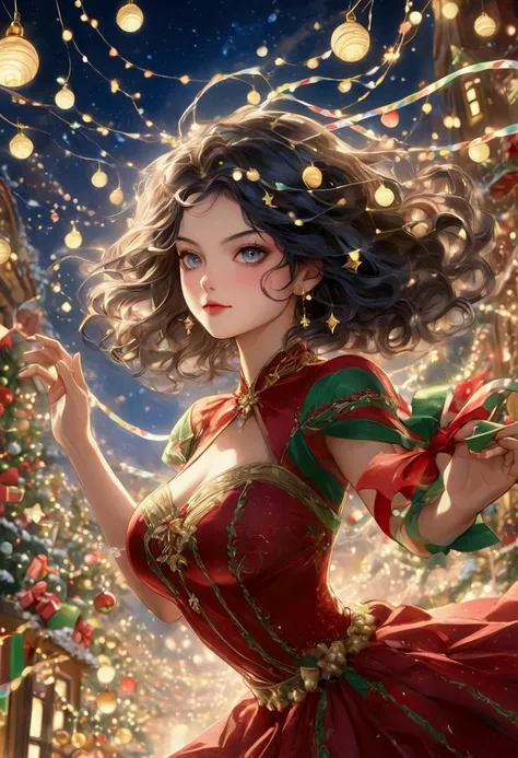 Fantasy illustration capturing a galaxya Christmas, art inspired Alita very much sexy + Nina Tekken Esao Andrews, dynamic up-close view, black gold Claus with perfect facial features in double exposure style, joyfully in stars luas throwing confetti and pr...