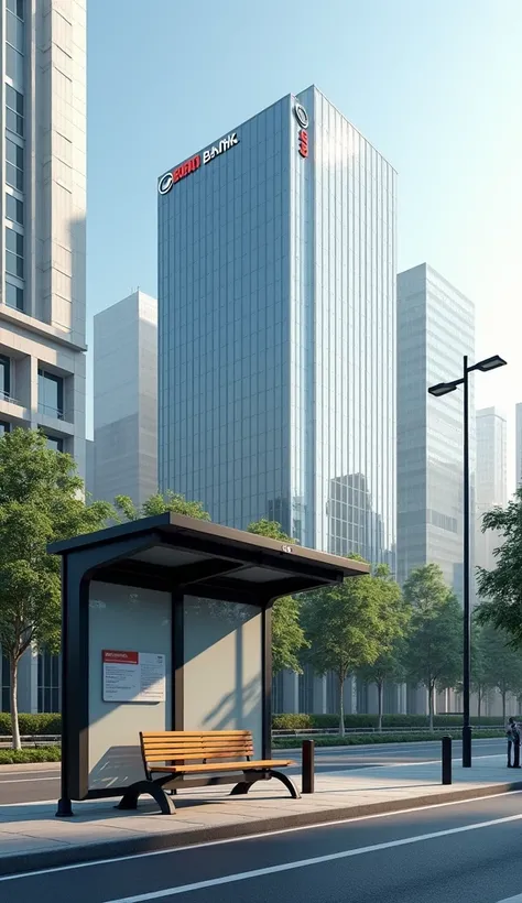 
A bus stop with a bank in the city without people.
