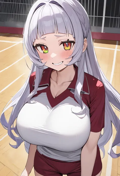 ( top quality , 8k, masterpiece),　 girl、young、Idol、1 person、 murasaki shion, 、 hololive ,Silver Hair  , Big Breasts ,smile、 like heaven、 red cheeks 、Tanimachis emphasis 、A rich variety of skin tones  , ( volleyball uniform :1.2) , ( huge breasts:1.3)