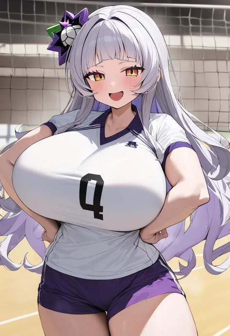 ( top quality , 8k, masterpiece),　 girl、young、Idol、1 person、 murasaki shion, 、 hololive ,Silver Hair  , Big Breasts ,smile、 like heaven、 red cheeks 、Tanimachis emphasis 、A rich variety of skin tones  , ( volleyball uniform :1.2) , ( huge breasts:1.3)