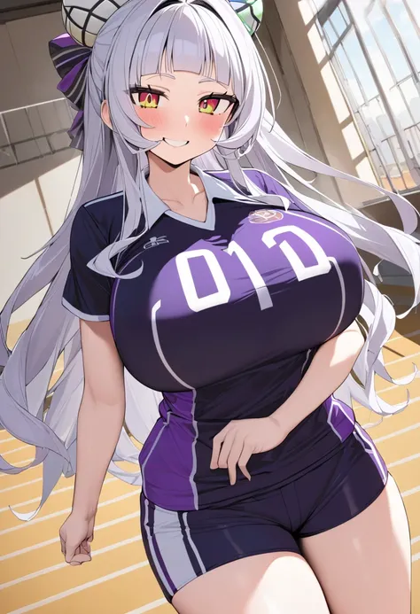 ( top quality , 8k, masterpiece),　 girl、young、Idol、1 person、 murasaki shion, 、 hololive ,Silver Hair  , Big Breasts ,smile、 like heaven、 red cheeks 、Tanimachis emphasis 、A rich variety of skin tones  , ( volleyball uniform :1.2) , ( huge breasts:1.3)