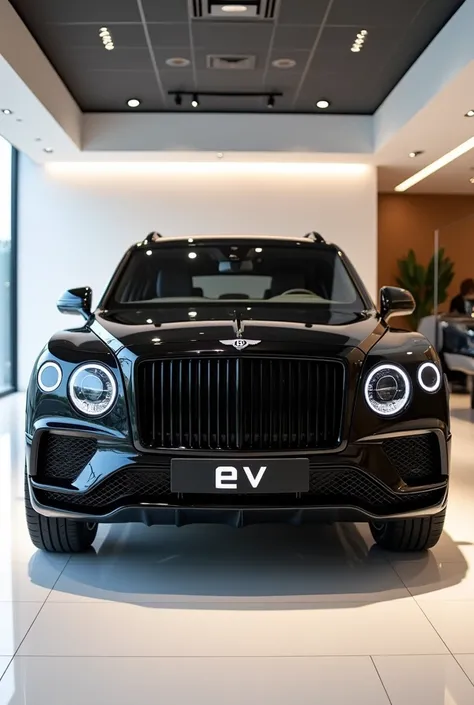 Back view of painted  with black colour 2025 Bentley ev sleek in large shape SUV  in large size with (ev) logo on its large detailed grille in (black) clour with angular sporty design captured from close (front)  view with modified sleek backlights & with ...