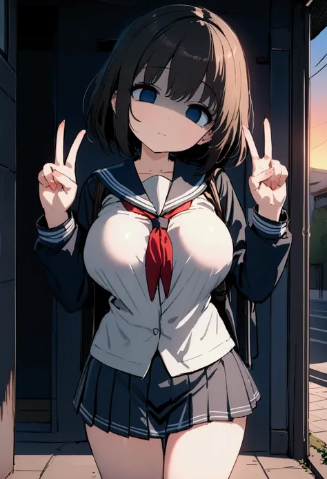 ((masterpiece)),((super detail)),((best quality)),((high resolution)),((8K)),(1girl),(yandere),solo,((from front)),((school uniform)),(mini skirt),((clothed)),(light blue eyes),((loli face and big boobs)),(((short stature))),(diminutive:1.3),(double v:1.2)...